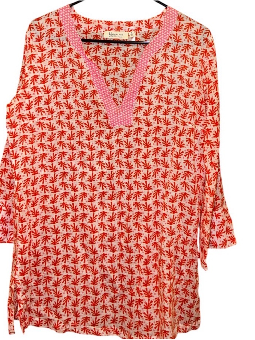 Rockflowerpaper Women's Red & Pink Printed V-Neck Tunic S 100% Cotton